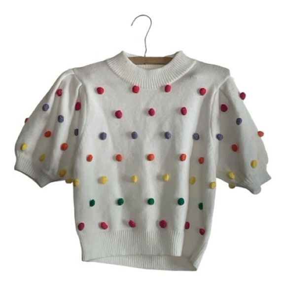 Peach Love California Sweaters - Peach Love California White Berkley Short Sleeve Sweater w/ Pom Pom  Size Small